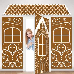 SmoothNovelty 4 Pcs Christmas Gingerbread House Door Cover Decorations Christmas Gingerbread House Backdrop Xmas Candy Door Banners for Candy Party Backdrop Indoor Outdoor(Retro)