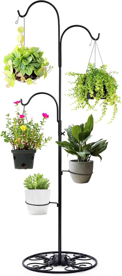 Blulu 34-55 Inch Adjustable Black Iron Shepherd Hook with Base Indoor Outdoor Hanging Plant Stand Wind Chime Stand Bird Feeder Flower Basket for Garden Plants Weddings Event Home Christmas Decor