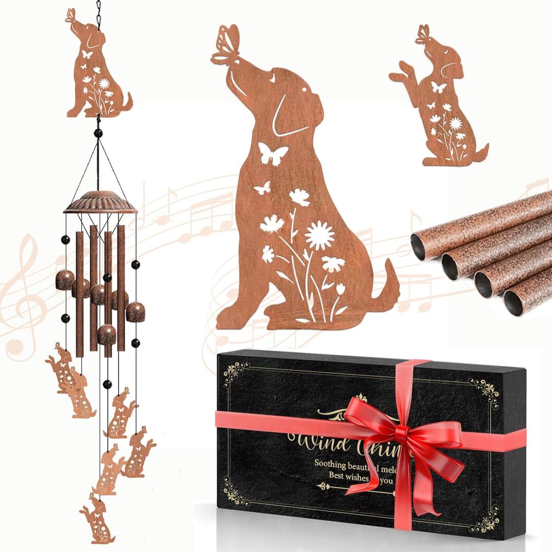 Dog Wind Chimes for Outside, Hanging Metal Windchimes Outdoors for Garden, Patio, Yard, Dog Lover Gifts for Women, Men, Garden Decor, Birthday, Festival, Sympathy Memorial Gift with Box