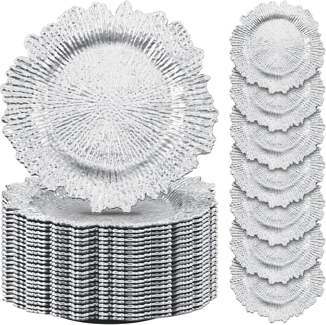 50 Pcs 13 Inch Charger Plates Bulk Plastic Plate Chargers with Floral Reef Design Round Ruffled Rim Dinner Charger Plates for Dinner Wedding Party Event Table Setting Decor (Silver)