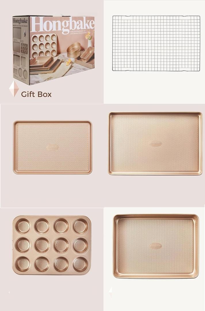 HONGBAKE 5 Piece Baking Pans Set Nonstick, Stackable Non Toxic Bakeware Sets with Diamond Texture, Oven Pan Set for Cooking, Includes Cookie Sheet with Rack, Cake Pan, Roasting Pan, Muffin Tin, Gold