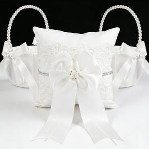 2 Flower Girl Baskets and Ring Bearer Pillows Set, Pearl Handle White Satin Bowknot Flower Baskets, Wedding Ring Pillow,Ivory Wedding Baskets for Flower Girls Wedding Decor