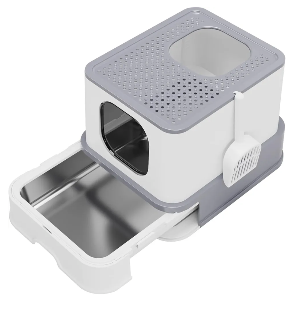 RIZZARI Stainless Steel Cat Box: Large Gray Enclosed Design Litter Pan - High-Edged & Teflon Coating - for Superior Odor Control & Easy-Clean Drawer - Ideal for Multi-Cat Homes Garage