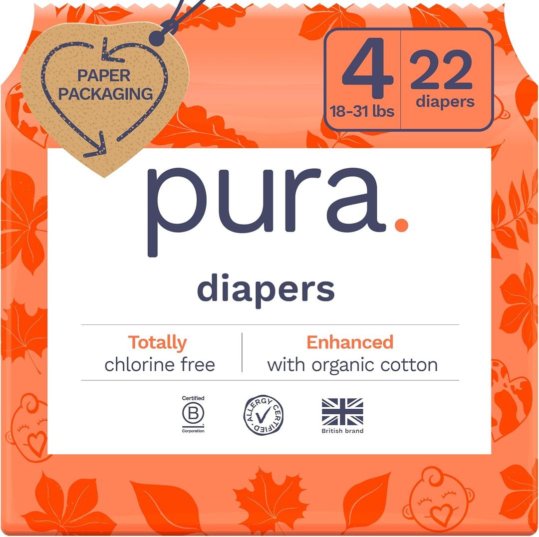 Pura Size 4 Eco-Friendly Diapers (18-31lbs) Totally Chlorine Free (TCF) Hypoallergenic, Soft Organic Cotton, Sustainable Comfort, up to 12 Hours Leak Protection, Allergy UK, 22 Diapers (Pack of 1)