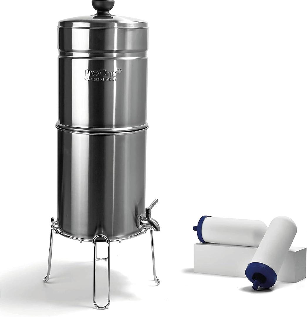 ProOne Big+ Gravity Water Filter System High Capacity Countertop Stainless Steel Water Filter Dispenser IAPMO Certified to Reduce Lead, Total PFAS, Microplastics, Chlorine Taste & Odor, 2 Pack Filter