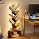 Evermagin 6 Tier Tree Bookshelf with Lights, LED Book Tree Bookcase with Storage Organizer, Small Corner Bookshelf Floor Standing Book Shelf for Living Room, Bedroom & Home Office, Rustic Brown