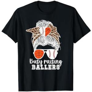 Busy Raising Ballers Baseball Basketball Mom Of Ballers T-Shirt Large