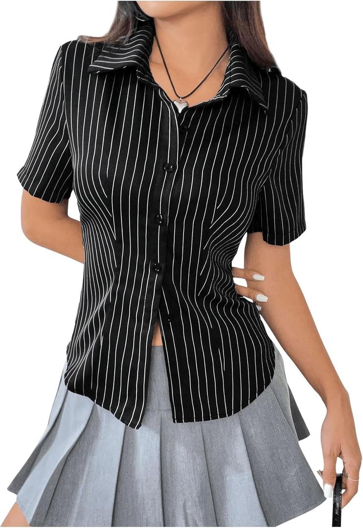 SweatyRocks Women's Striped Button Down Shirt Short Sleeve Collared Fitted Work Office Blouse Dressy Tops (Large, Black)