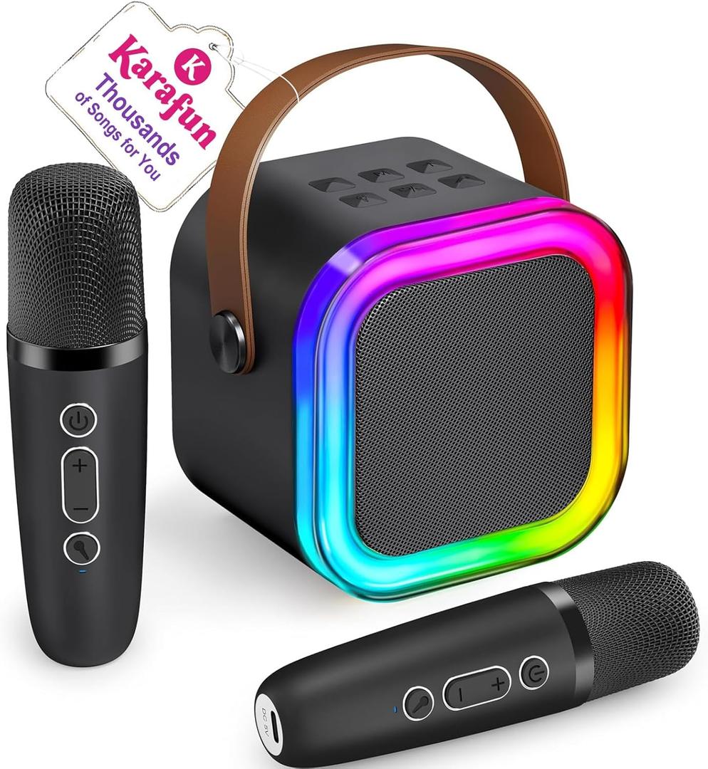 Mini Karaoke Machine for Kids, 2026 TOP Toys Birthday Valentine's Day Gifts Ideas for Girls Ages 4, 5, 6, 7, 8, 9, 10, 12+ Years Old, Portable MP3 Player with 2 Wireless Mics for Family Home Party (Black)