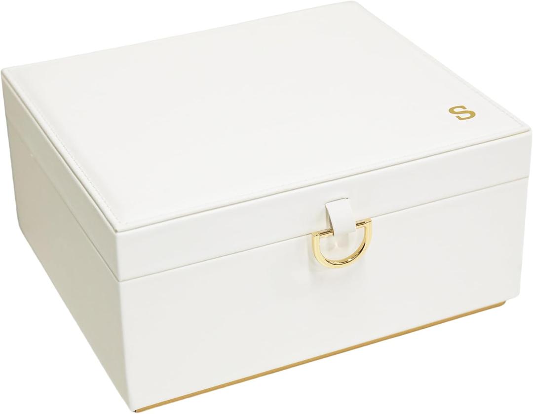 COLLECTIVE HOME - Monogram Jewelry Box with Mirror, Custom Gold Letter Engraving, Elegant Jewelry Organizer with Removable Tray, Gift for Mothers Day, Girlfriend, Birthday (s)