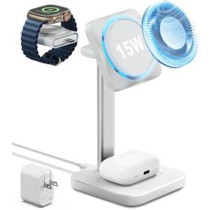 ESR for MagSafe Charger Stand, 3 in 1 Charging Station with CryoBoost, Phone-Cooling Wireless Charging, 15W MagSafe Stand, for iPhone 17e/17/16/15/14/13/12, AirPods, Apple Watch, White
