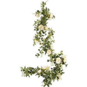 Eucalyptus Garland 6 FT Artificial Flower Garland Floral Vines 1 Pcs Eucalyptus Leaves Vines with Camellias Flowers for Wedding Party Decor