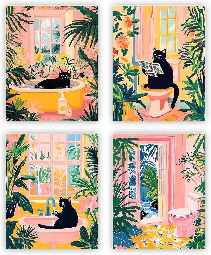 Heilkee Black Cat Bathroom Decor Beach Wall Art Funny Bathroom Pictures Pink Tropical Wall Prints Henri Matisse Poster Set of 4(UNFRAMED 8x10in)