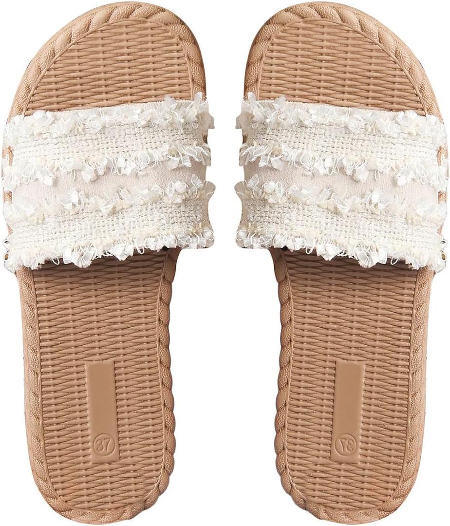 Women's Raw Trim Flat Sandals Single Band Open Toe Summer Vacation Beach Slides (9.5, Beige)