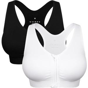 Women's Zip Front Sports Bra Wireless Post-Surgery Bra Active Yoga Sports Bras (Large, Black+White-2 Pack)