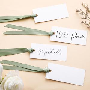 100 Pcs Name Place Cards for Table Setting Blank Wedding Place Cards with Satin Ribbon 1.57 x 3.54 Inch Hanging Gift Tags for Wedding Dinner Banquet Party Table Setting Supplies (Sage Green)