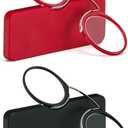 REAVEE 2 Pack Pinch Nose Clip on Reading Glasses Armless for Men Women, No Temple Slim Compact Readers Ultra Thin with Mini Portable Case, Black and Red +2.5