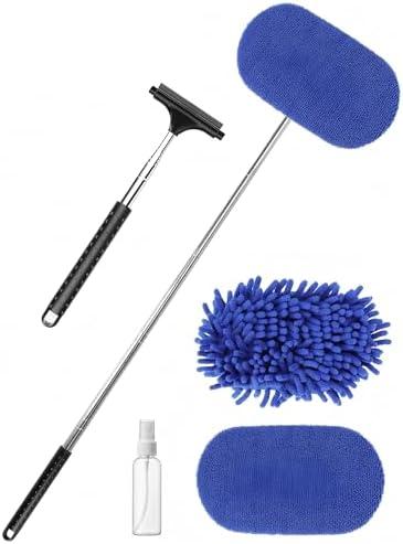 3 in 1 Car Windshield Cleaner Tool 40”Car Rearview Mirror Wiper Squeegee Wash Brush Extra Large Washable Microfiber Pad Extendable Handle Auto Window Glass Cleaning Kit Interior Exterior Dusting
