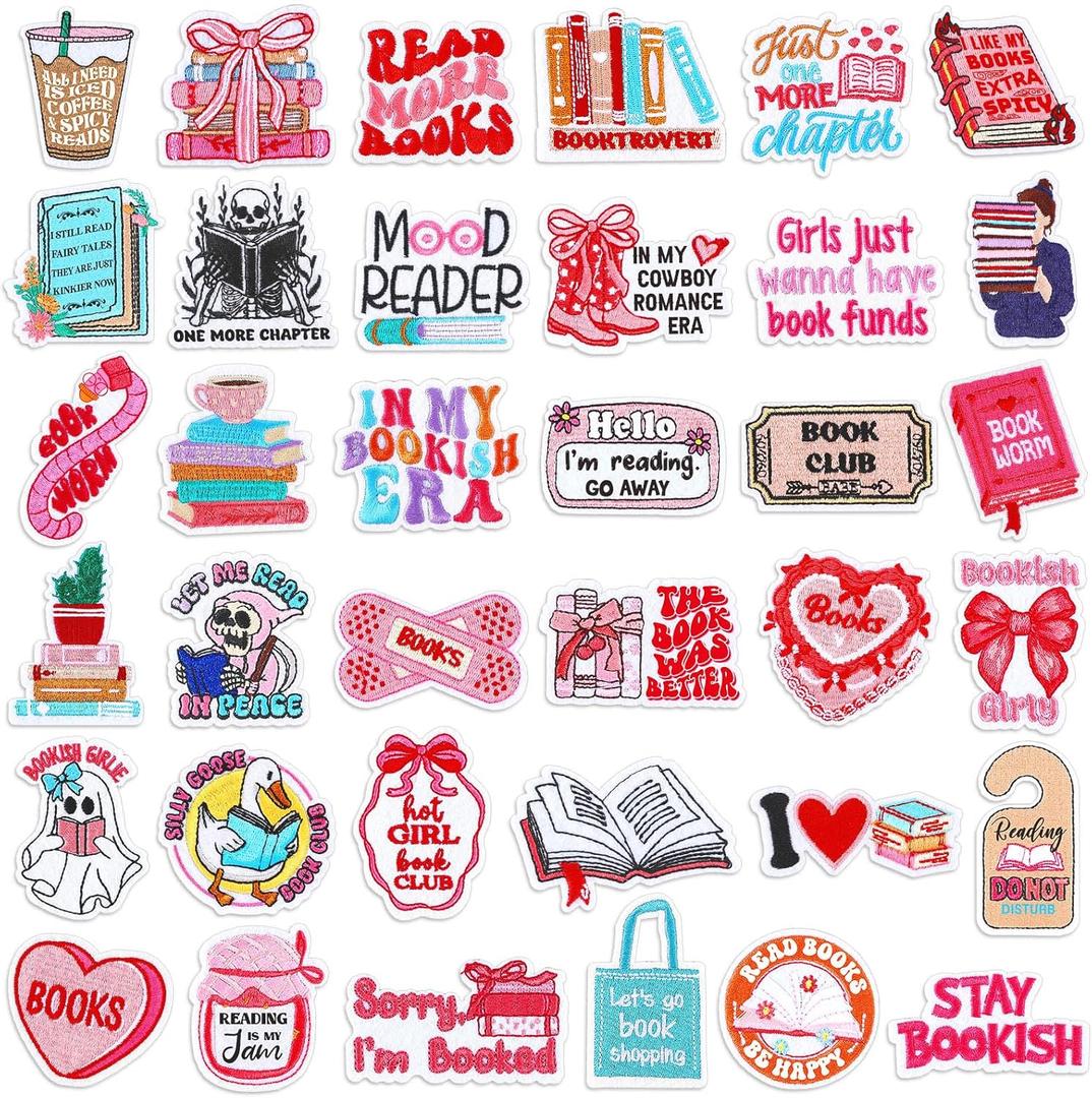 Lyrow 36pcs Bookish Iron on Patches Pink Book Lover Bookworm Bow Hot Girl Patches Repair Embroidered DIY Craft Accessories Reading Gifts for Women, Backpacks, Hats, Jackets(Girly)