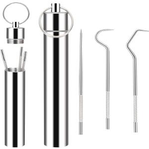 Metal Toothpicks Kit, 3 Pieces 2 Set, Silver | Reusable & Portable Stainless Steel Keychain Toothpick Holder, Teeth Cleaning Tools for Outdoor Travel Camping