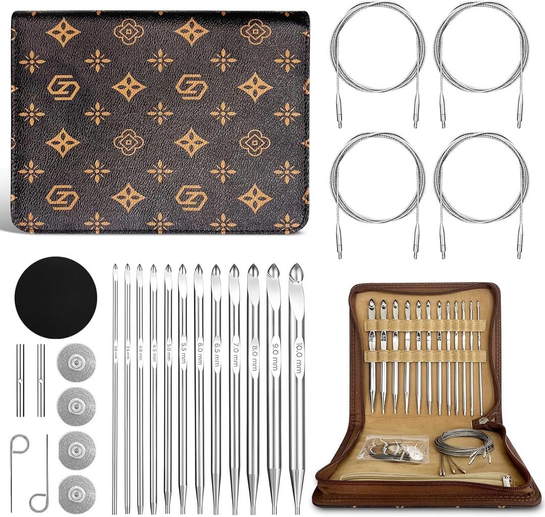 Tunisian Crochet Hooks Set-12 Hooks(3mm-10mm) Aluminium Interchangeable Crochet Hooks with Cable,Ergonomic Grips Afghan Crochet Knitting Needles for Crocheting Stainless (26)