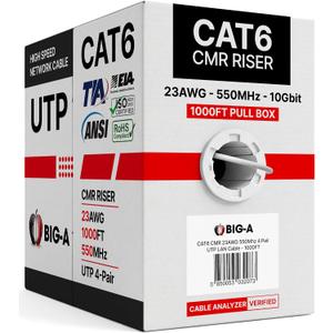 Big-A - Bulk Cat6 Cable 1000ft 23AWG Solid 4 Pair, Cat 6 Ethernet Cable Unshielded Twisted Pair (UTP), (CMR) 550MHz Internet Cable, Pull Box - White