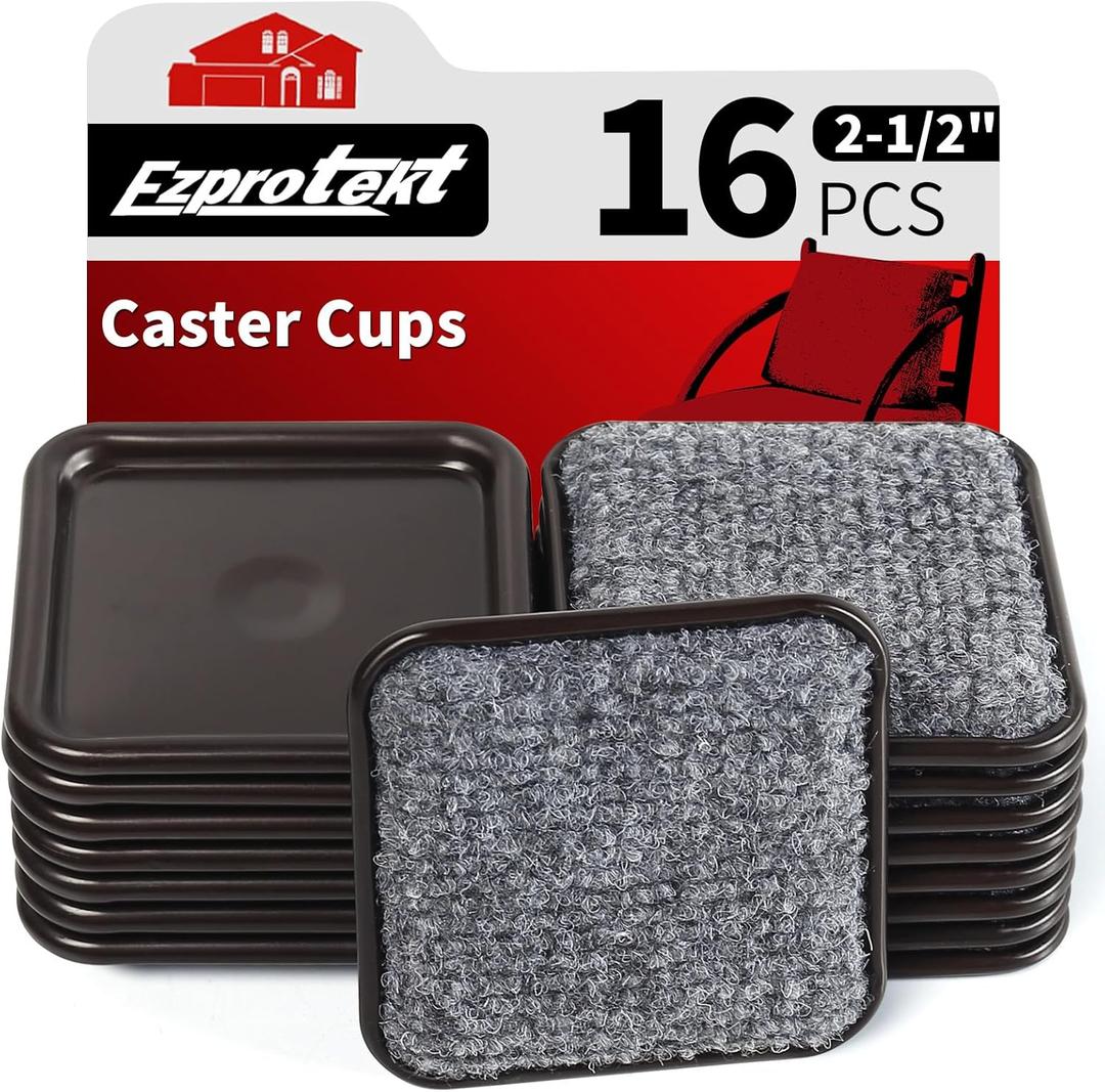 Ezprotekt 2 1/2" Square Carpet Bottom Furniture Caster Cups, 16 Pcs Reusable Furniture Coasters, Felt Furniture Sliders Pads to Protect Hardwood, Tile or Carpetd Floors from Scratches (Brown/Gray)