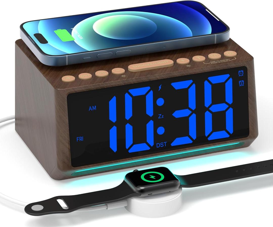 Retro Digital Alarm Clocks for Bedrooms with Large Numbers, Desk Clock with Wireless Charging Station, 7 Mood Lights, Dimmer, Snooze, 12/24H, Loud Alarm Clock for Heavy Sleepers Adults, Vintage Dcor (Blue)