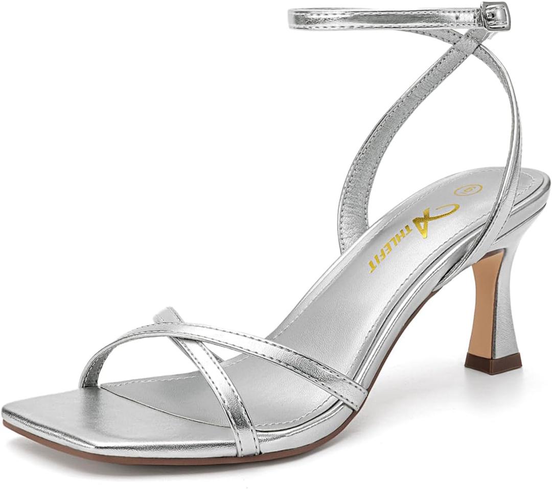 Athlefit Kitten Heels for Women Square Open Toe Strappy Heeled Sandals Ankle Strap Dress High Heels for Prom Party Wedding (7.5, Silver)