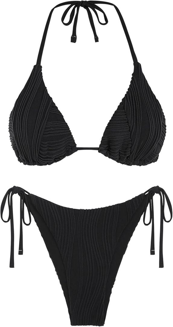 ZAFUL Bikini Sets for Women Halter Two Piece Swimsuit Ribbed High Cut Tie Side Thong Bathing Suit Sexy Padded Swimwear (Black) XS