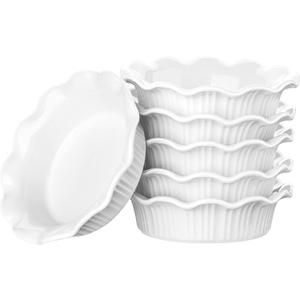 LOVECASA Ceramic Mini Pie Pans Set of 6-5.5 Inch Oven Safe Small Pie Dishes, Nonstick Mini Pot Pie Baking Tins for Chicken Pot Pie, Tarts, Quiches & Desserts, Stackable Ruffled Rims, White
