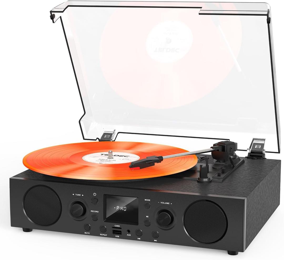 VinylsLink Record Player with Built-in Speakers, Belt-Driven Turntable Support 3-Speed, FM Radio and Bluetooth Receiving, RCA Line Out & AUX in, USB Recording and Auto Stop, Black