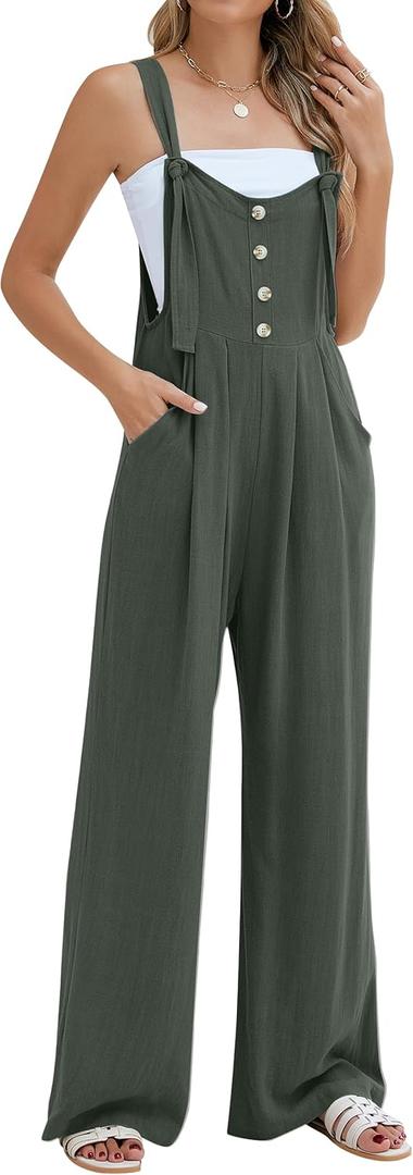 Blooming Jelly Womens Wide Leg Casual Jumpsuits Linen Loose Fit Overalls Flowy Sleeveless Bib Outfits (Medium, Army Green)