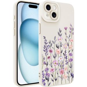Fsoole Designed for iPhone 15 Plus Case, Cute Flower Floral Pattern Design, Slim Soft TPU Liquid Silicone Protective Cover for Women Girls - White
