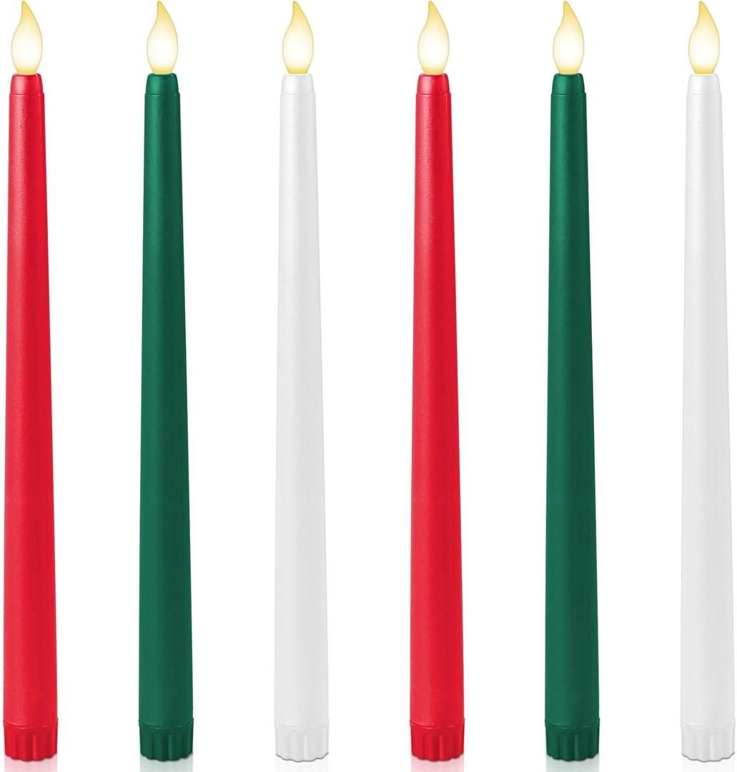 Baquler 6 Pcs 11'' Christmas Flameless Taper Candles Green Red White Battery Operated Candles LED Plastic Flickering Candlesticks for Christmas Wedding Church Dinner Home Decor