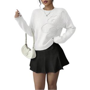 RoseSeek Women's 3D Floral Appliques Crewneck Sweaters Long Sleeve Drop Shoulder Pullovers Elegant Knit Tops XS