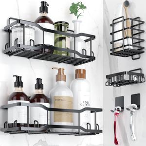 Shower Caddy Bathroom Shelves, The Athena Silken Black 4 Set, 40LB Capacity, Adhesive Tape - No Drill-Rustproof -Gorgeous Powder Coated 304 Stainless Steel Shower Organizer for kitchen and Home Decor