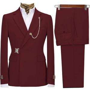 Men's 2 Piece Suit with Metal Clasp Slim Fit Suit Stylish Business & Casual Tuxedo Suit, Medium, Burgundy