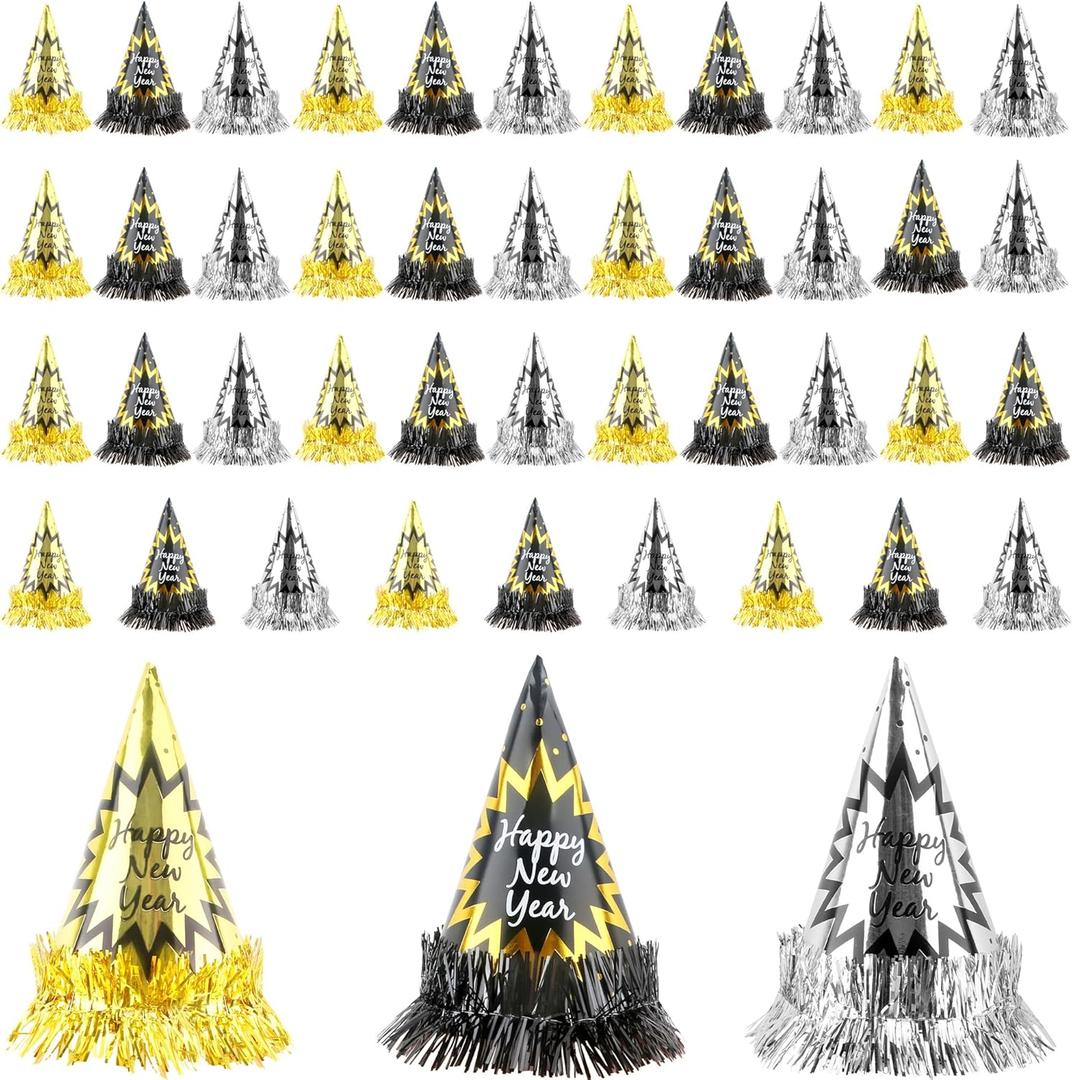 45 Pcs Paper Happy New Year Hats New Years Eve Hats Eve Cone Party Hats Bulk for Adults Kids New Years Party Dress Accessories