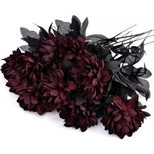 Artflower 10 Pack Artificial Silk Dahlia Bouquet with Long Stem, 16 Red Fake Flower Floral Arrangements Wedding Bridal Bouquet for Halloween Harvest Festival Table Centerpieces Home Decor