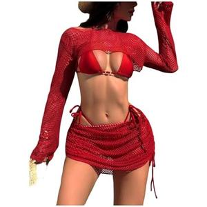 MakeMeChic Women's 4 Piece Summer Swimsuit Halter Tie Back Triangle Cheeky Bikini Sets with Crochet Cover Ups, Size M