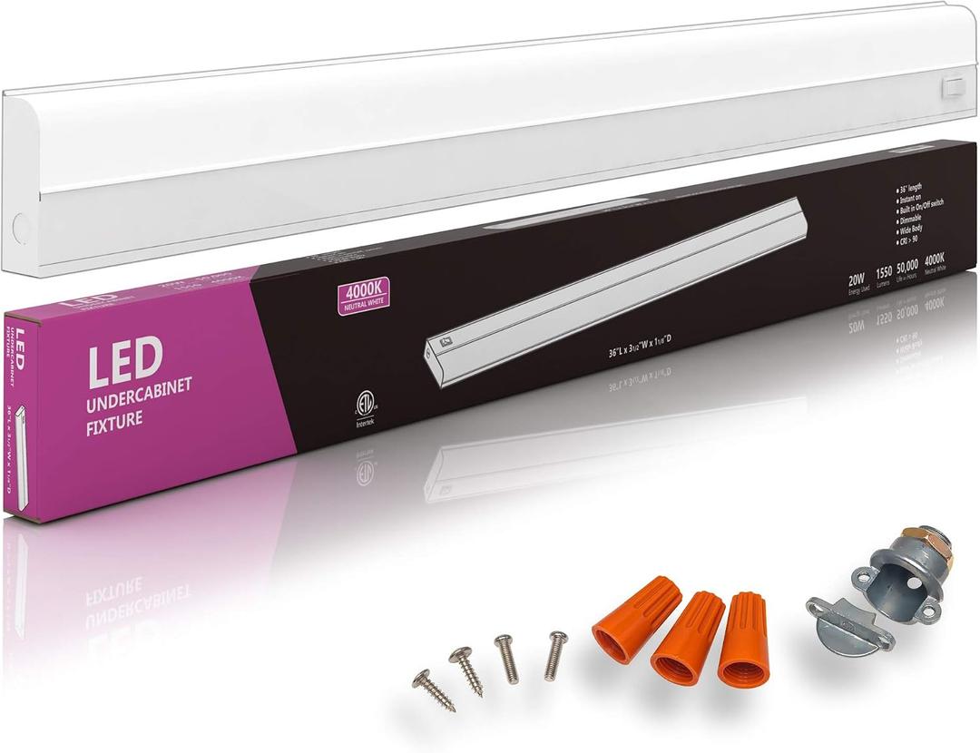 Hardwired LED Under Cabinet Task Lighting - 20 Watt, 36", Dimmable, CRI>90, 4000K (Cool White), Wide Body, Long Lasting Metal Base with Frost Lens