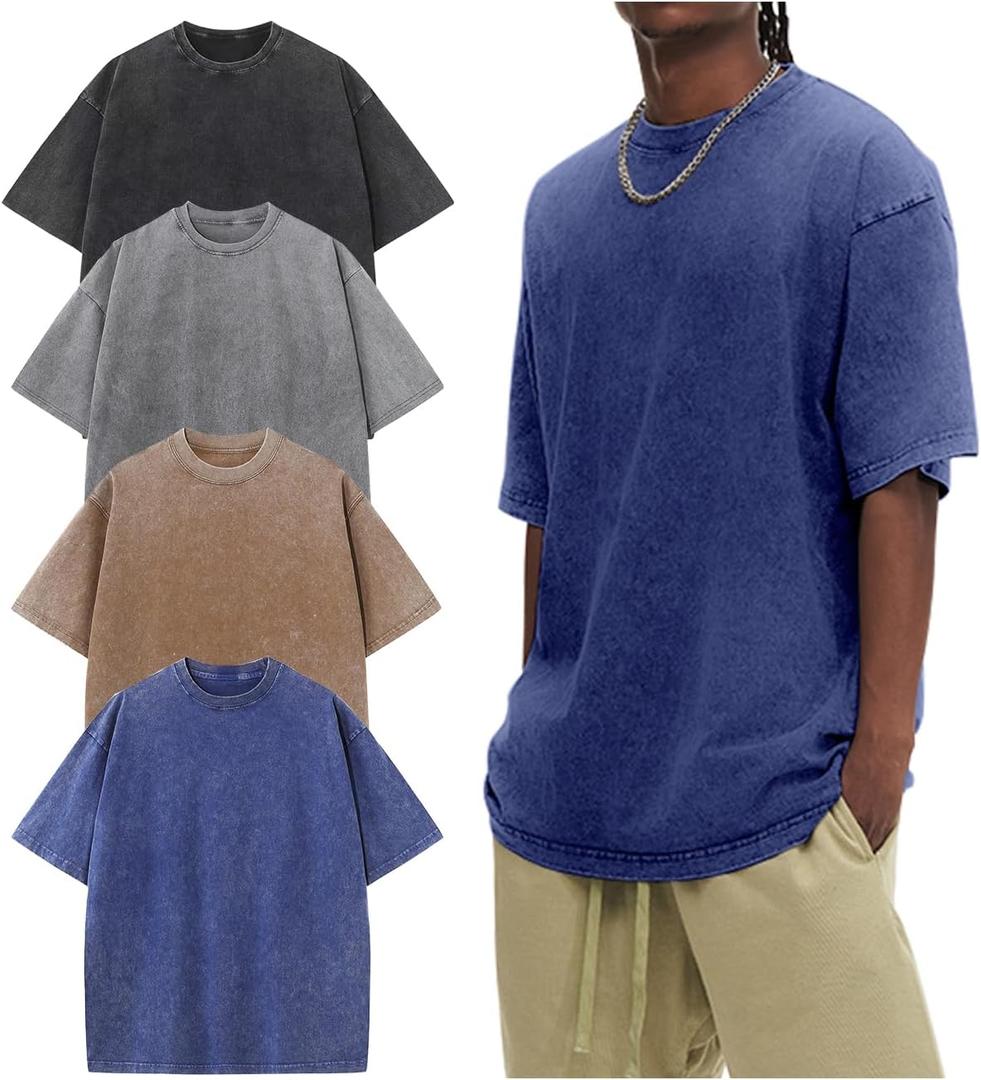 Arssm Oversized Tshirts for Men Acid Wash Loose Fit Vintage Cotton Heavyweight T Shirts Baggy Tees (Large, Blackgreykhakiblue)