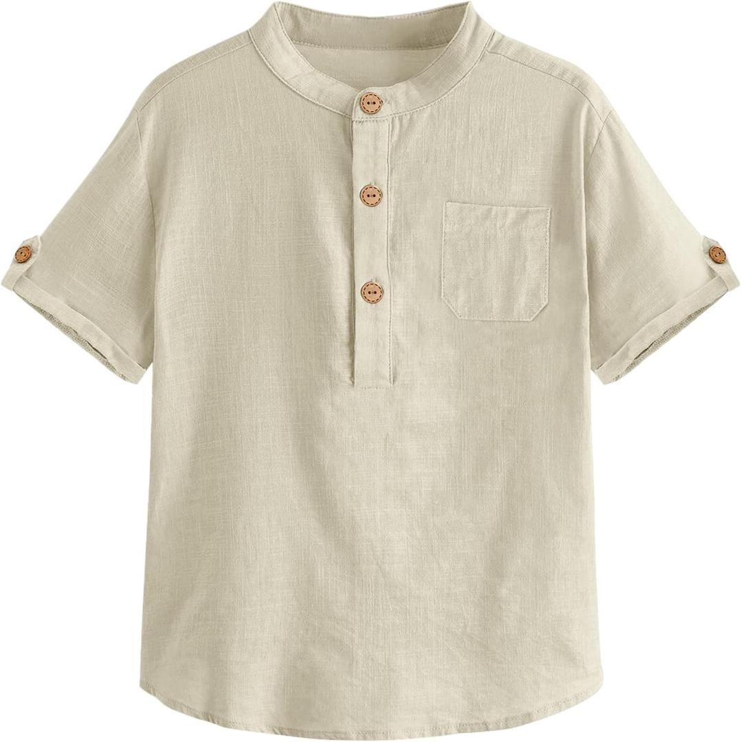 Boys Short Sleeve Henley Shirt Button Up Linen Cotton Dress Shirts Tees Tops with One Pocket (3-4T, Beige)