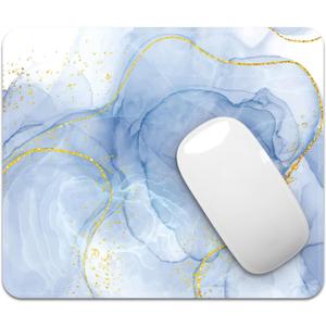 Mouse Pad with Stitched Edges - Elegant Marble Mousepad for Women, 9.25 x 7.75 inch Washable Square Desk Pad, Non-Slip Rubber Base, Office Home Laptop Accessories - Blue Marble
