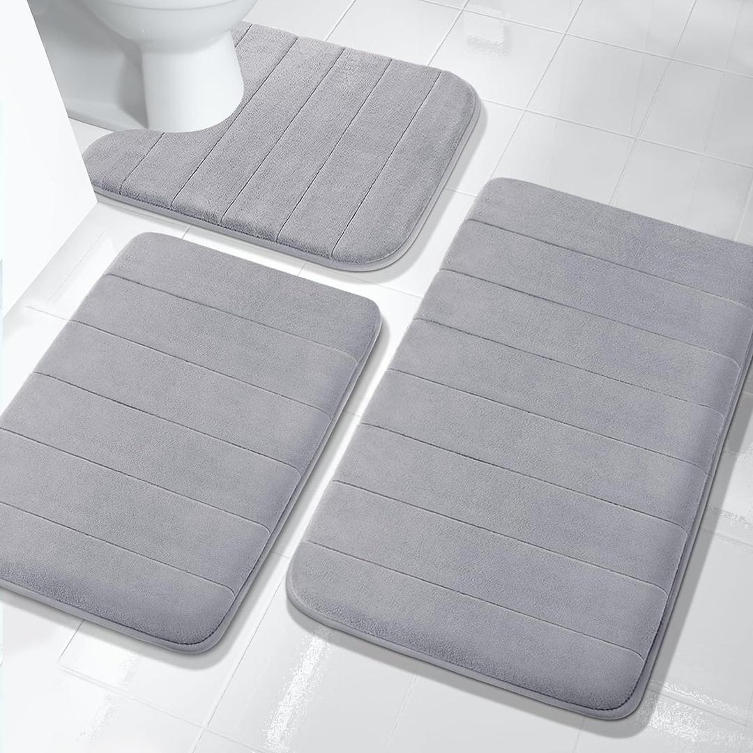 Yimobra Bathroom Rugs Sets 3 Pieces, Soft Comfortable Memory Foam Bath Mat and U-Shaped Toilet Rug Area Rug Set, Non-Slip Water Absorption Quick Drying Bath Rug, Home Decor Accessories, Grey (31.5''x19.8'' +17''x24'' + 24.4''x20.2'')