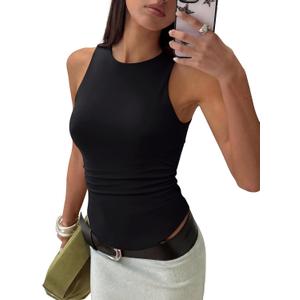 REORIA Womens High Neck Sleeveless Tank Tops Racerback Double Lined Basic Tops Summer Fitted Going Out Tops (Black, M)