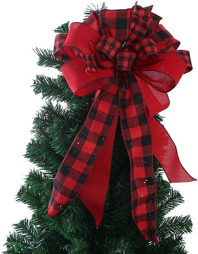 Christmas Tree Topper Bow, 23 Inch Red Black Plaid Buffalo Toppers Decorative Bow, Decoration Gift Bow for Holiday Front Door Wreath Decorations Indoor Outdoor