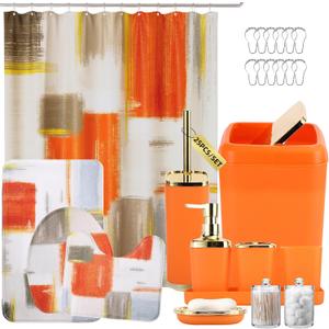 Bathroom Set - Orange Bathroom Accessories Set, Bathroom Sets with Shower Curtain and Rugs, Orange Shower Curtain Set with Bathroom Trash Can, Soap Dispenser, Soap Dish for Home Decor (Plaid Orange & Gold)