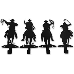 Western Cowboy Metal Wall Hooks Set of 4 Unique Riding Cowboy Designs for Western Room Decor, Entryways,or Cabinets
